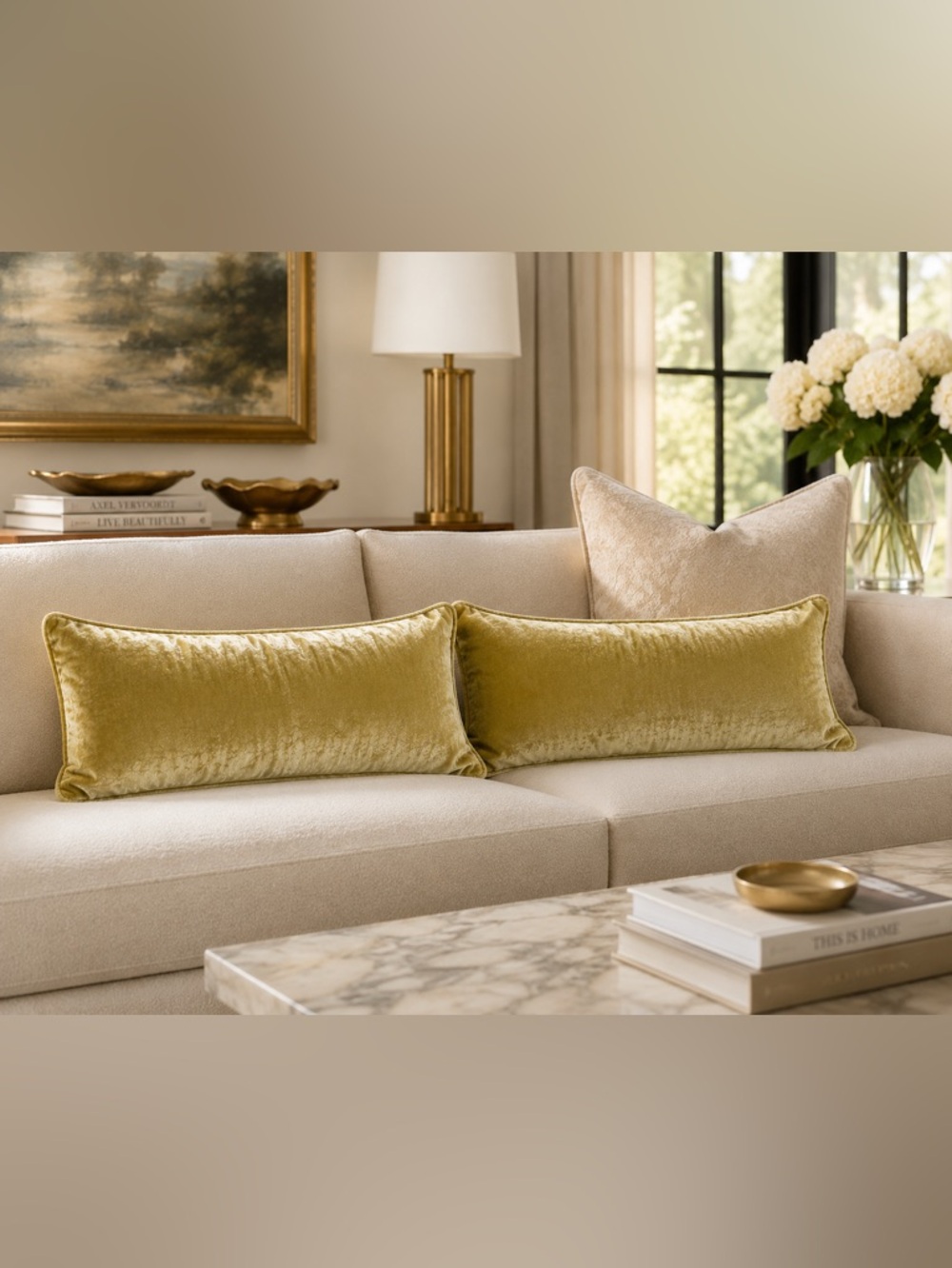 Set of 2 Luxury Velvet Lumbar Pillow Covers 18x40 Chartreuse Gold Designer